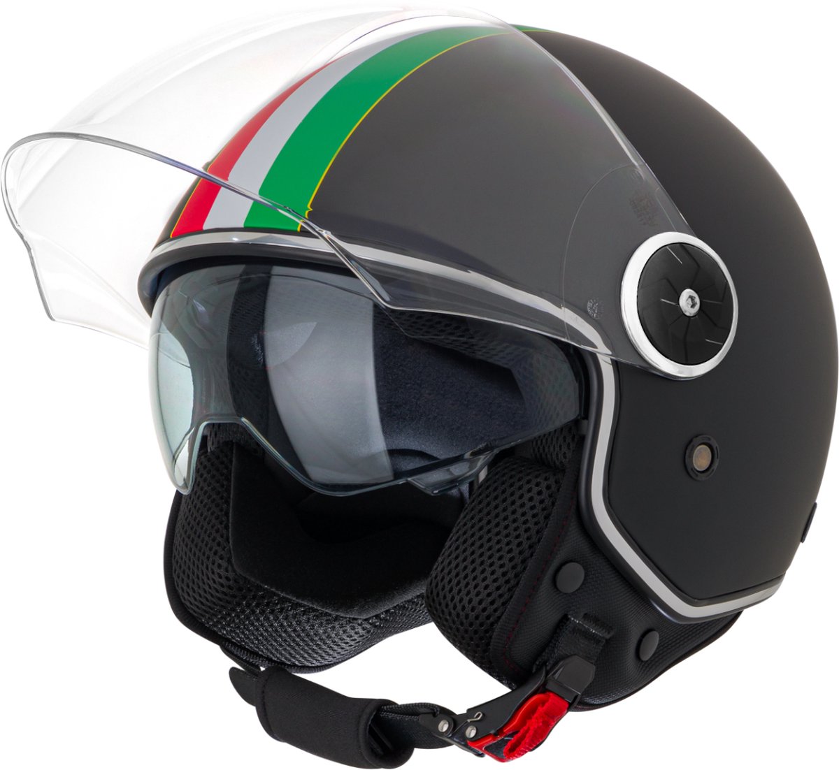 VINZ Neiva Jethelm met Zonnevizier | Scooterhelm Retro & Motorhelm Retro & Brommerhelm & Snorfietshelm | Italiaanse Vlag | ECE 22.06 goedgekeurd | Lichtgewicht 1200 gram | Voor Heren & Dames | Inclusief Opbergzak | Mat Zwart - M