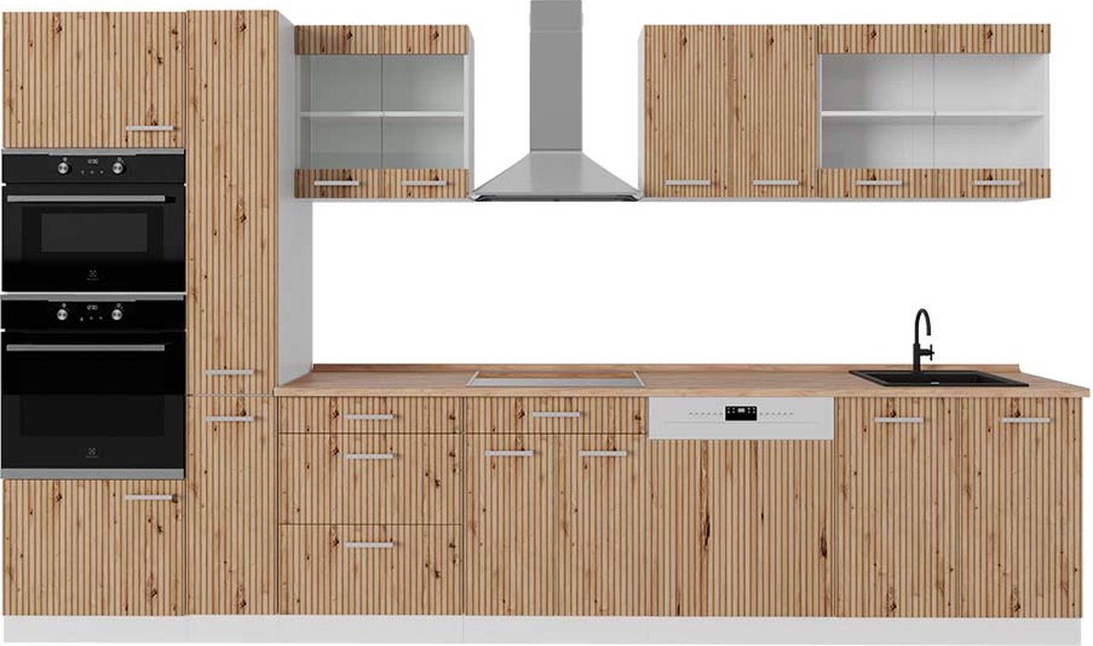 Vicco R-Line Complete keukeneenheid – 350 cm met hoge kast, WB Eik Artisanaal eiken/wit