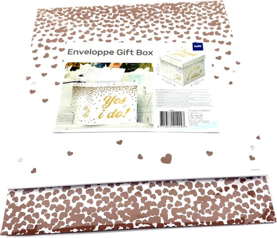 Verpakking van een witte geschenkdoos met bronzen hartjesprint. Tekst: 'Yes & i do!'.