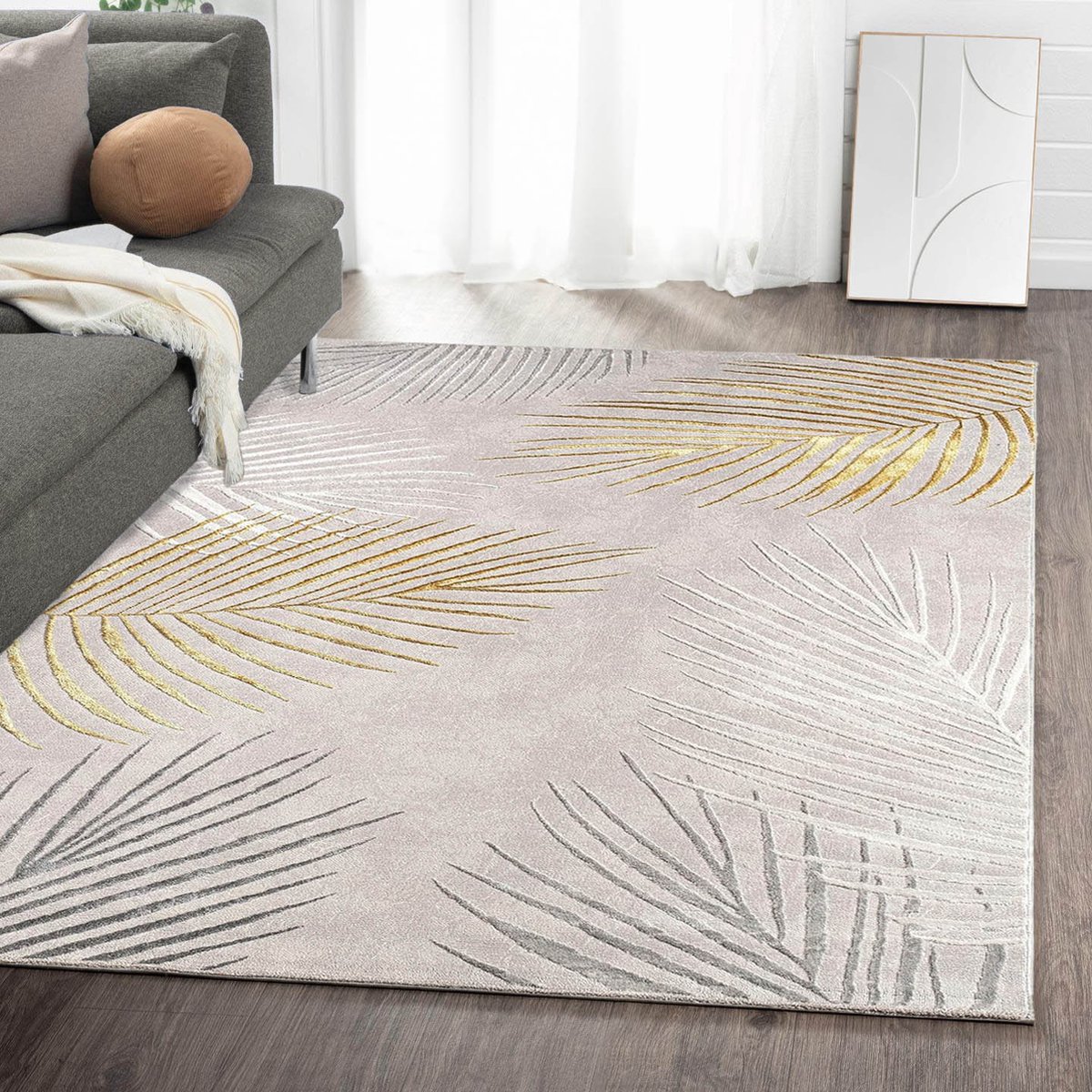 Flycarpets Evora Leaves Modern Vloerkleed Grijs / Goud – Laagpolig Tapijt Woonkamer – 80x150 cm
