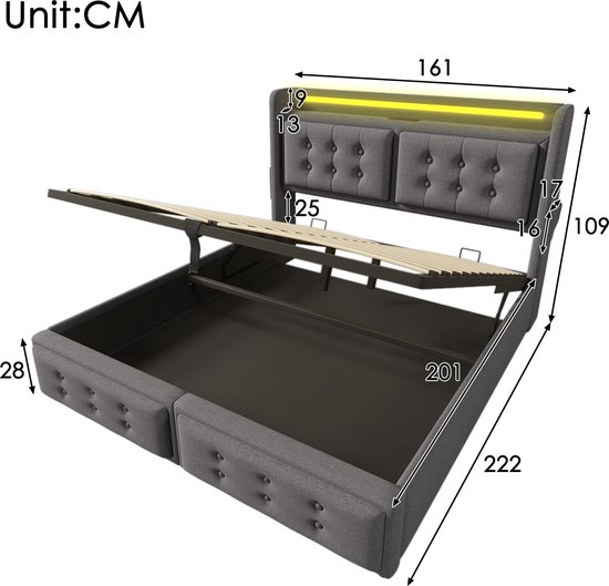 Lit double Merax 160x200 cm avec tête de lit LED et fonction de charge USB-C - Lit hydraulique avec sommier à lattes et espace de rangement - Matelas inclus - Grijs