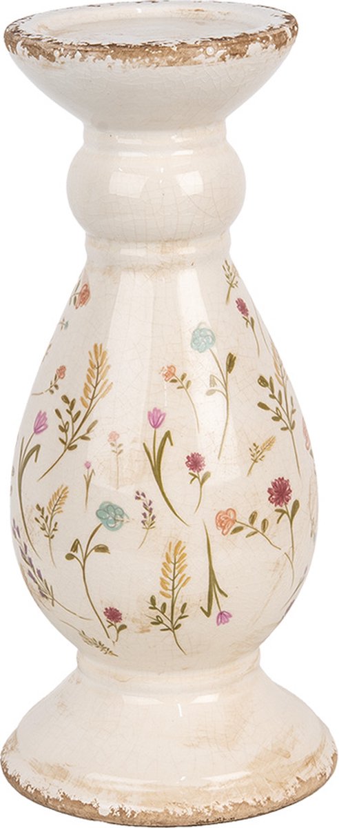 Clayre & Eef Kandelaar Ø 14x32 cm Beige Roze Keramiek Bloemen