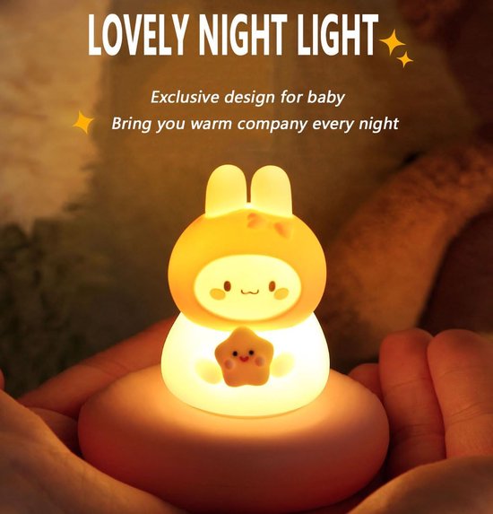 Konijn Nachtlampje-Nachtlampje Baby-babykamer-Lachend konijntje-Aanraakbediening-Kinderen en baby's-3 helderheidsniveaus-nachtlampje kinderen — afbeelding 3