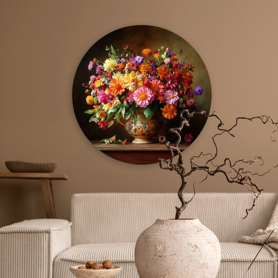 WallCircle® Wandcirkel 60x60 cm - Muurcirkel Kleuren - Boeket - Vaas - Hout - Muurdecoratie woonkamer - Wanddecoratie slaapkamer - Kamer decoratie accessoires - Ronde schilderijen