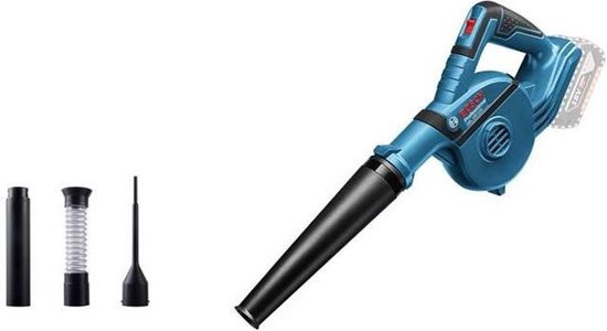 Blauwe Bosch Professional GBL 18V-120 bladblazer met verwisselbare mondstukken.