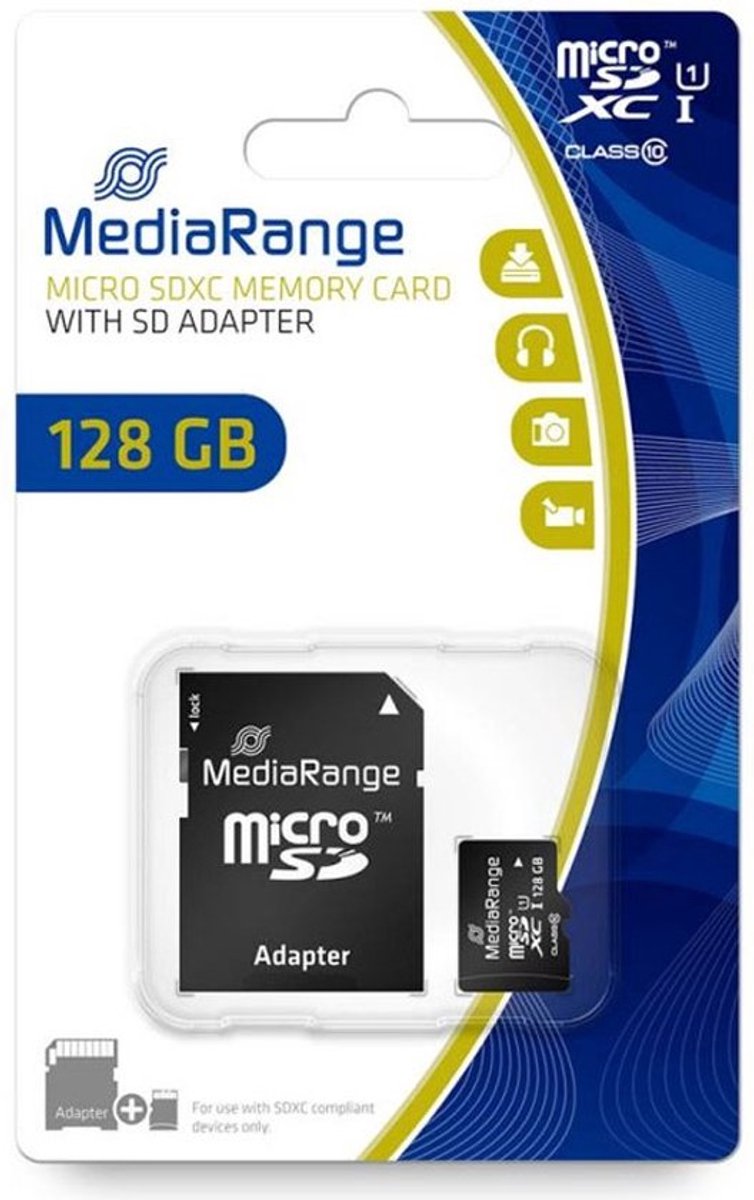 MediaRange, 128 GB microSDXC UHS-I klasse 10 met SD Ultra Snelle Overdrachtadapter, Zwart thumbnail 5