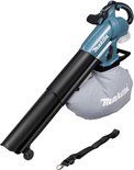 Turquoise Makita bladblazer met zwarte slang, grijze opvangzak en draagband.