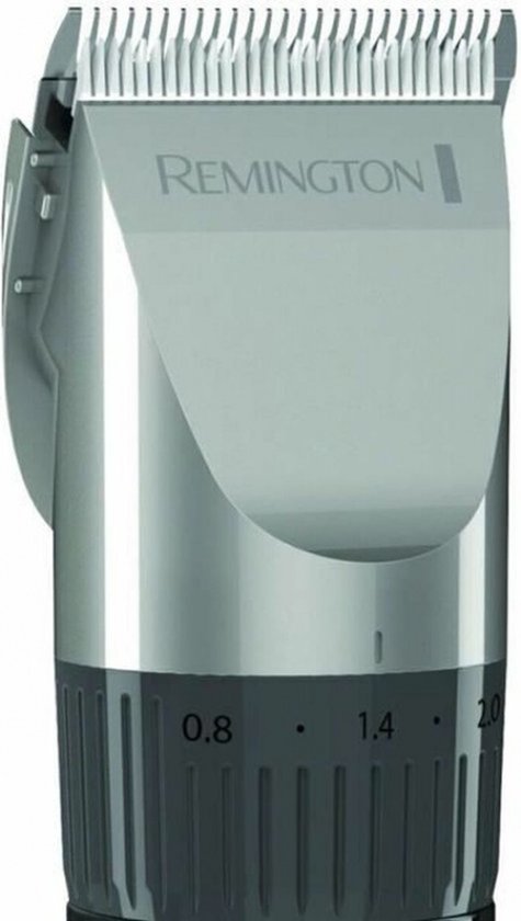 Zwarte Remington tondeuse met zilverkleurige kop en instelwiel.