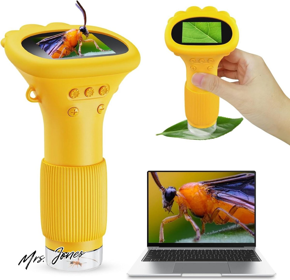 Mrs. Jones 200X mobiele microscoop voor kinderen draagbare zakmicroscoop 20 inch IPS-scherm USB-microscoop LED-verlichting aansluiting op pc mini-microscoop voor buiten vanaf 3 jaar oranje met vergroting .