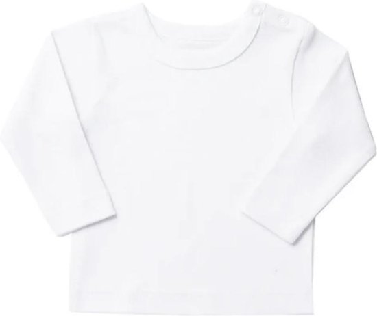 Wit baby T-shirt met lange mouwen en drukknoopjes aan de hals.
