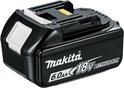 Zwarte Makita 18V 6.0Ah lithium-ion accu met gele connector, witte ontgrendelingsknop en batterij indicator.