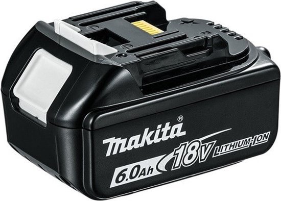 Zwarte Makita 18V 6.0Ah lithium-ion accu met gele connector, witte ontgrendelingsknop en batterij indicator.