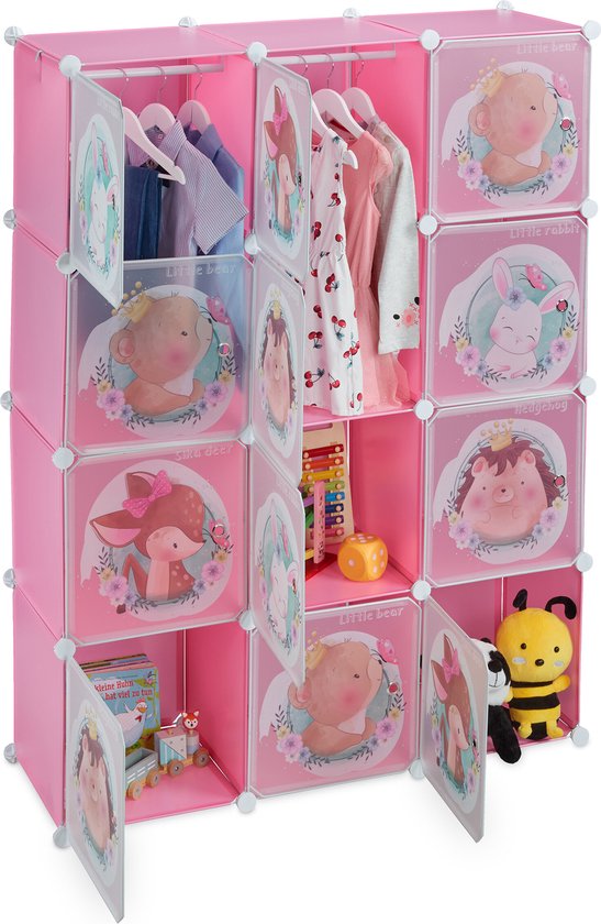 kinderkast - 2 kledingstangen - 145 x 110 x 37 cm - modulair - speelgoedkast - roze