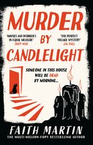 Boekomslag 'Murder by Candlelight' met rode tekst, een silhouet van een zwarte kat bij een deuropening, en een brandende kaars.