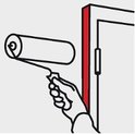Illustration d'une main tenant un rouleau de peinture, peignant un cadre de porte avec du ruban adhésif rouge.