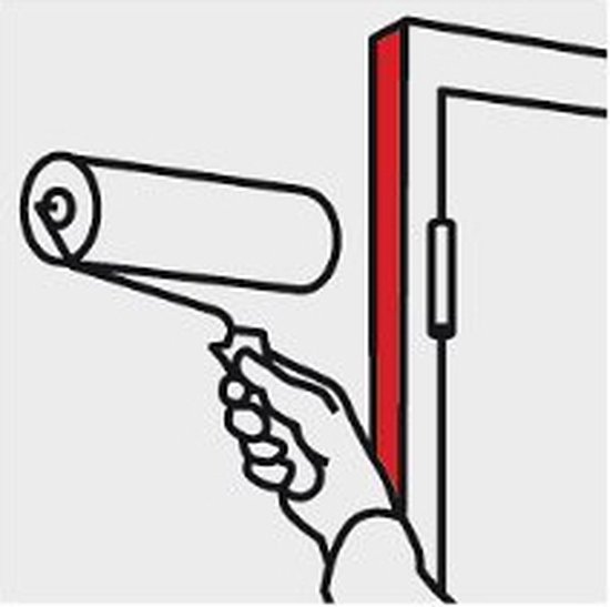 Illustration d'une main tenant un rouleau de peinture, peignant un cadre de porte avec du ruban adhésif rouge.