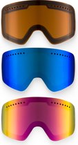 Set van drie losse skibrillenzen in bruin, blauw en roze-geel verloop.