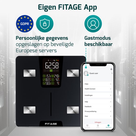FITAGE LED Weegschaal Personenweegschaal Digitaal - Slimme Weegschaal met 17x Lichaamsanalyse - Weegschalen - FITAGE App