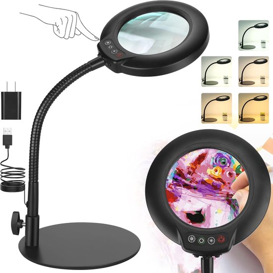 15 x vergrootglas met licht, led-bureaulamp met sokkel en clip, led-loeplicht met 3 kleurmodi, dimbaar, voor knutselreparaties, close-ups, tekenen en lezen