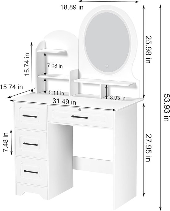 Kaptafel, make up tafel, kaptafel met LED, met spiegel, 2 laden, 3 open