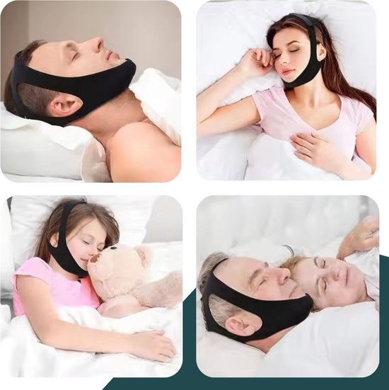 Collage van vier personen (man, vrouw, kind, ouder stel) die slapen met een zwart antisnurk kinband.