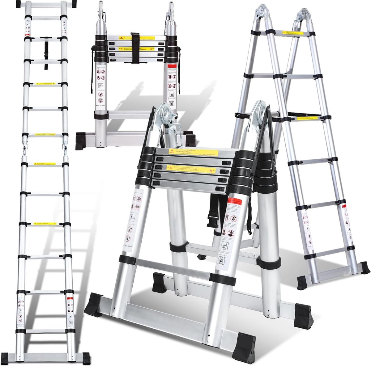 Telescopische aluminium ladder 1,9 m + 1,9 m met 6+6 treden - veelzijdige en lichte huishoudladder