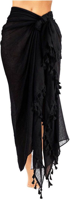 Omslagdoek Dames - 1 stuk - Zwart - 110x180cm - sjaal met franjes - zonwerende blouse - sjaal - badpak cover-up - bikini wikkelrok