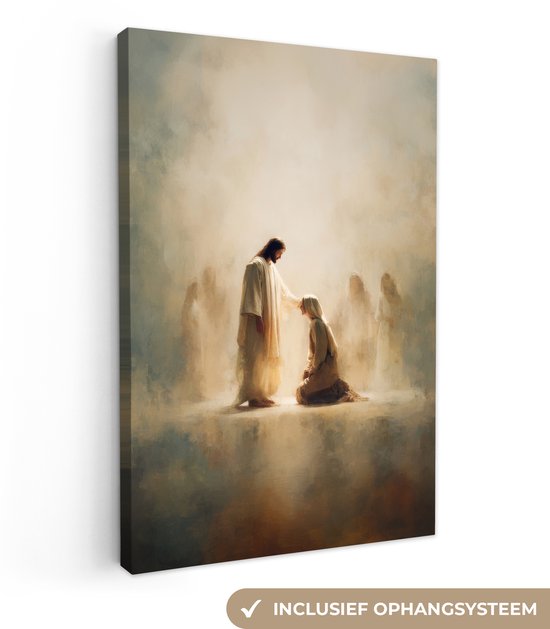 Een kunstwerk van Jezus die een knielend persoon zegent, met een beige en bruine wazige achtergrond. Inclusief ophangsysteem.
