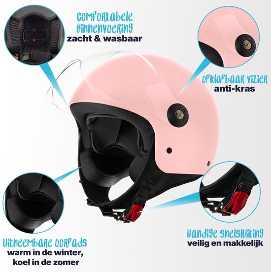 VINZ Duoro Casque Jet avec Visière / Casque Scooter / Casque Scooter Moustache / Casque Femme - Rose