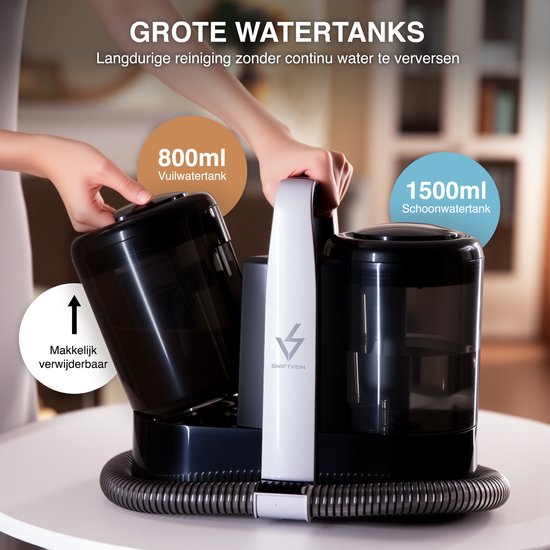 Grote watertanks van de Swiftvein Vortex tapijtreiniger: 800ml vuilwatertank en 1500ml schoonwatertank. Langdurige reiniging zonder continu water te verversen. Makkelijk verwijderbaar.