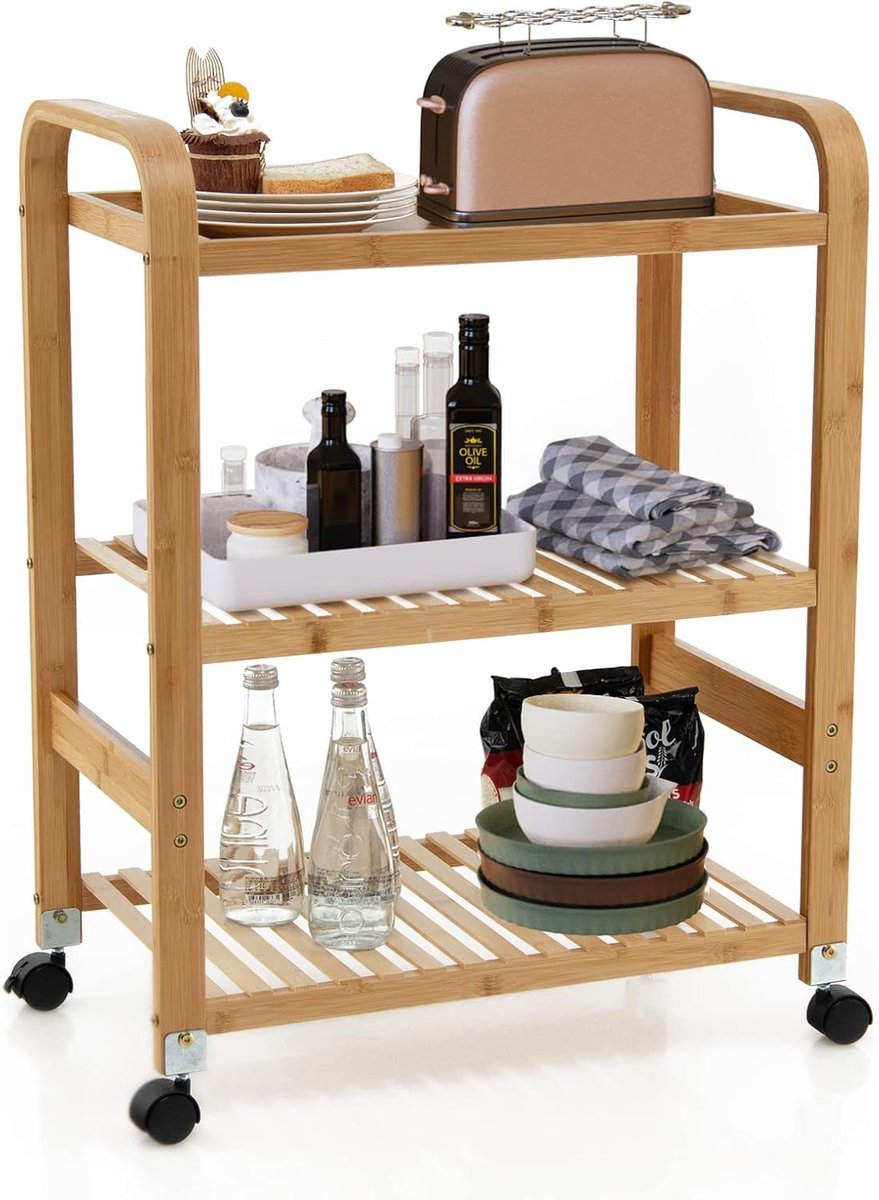 KOMFOTTEU Serveerwagen van bamboe, 3 niveaus, bijzetwagen met 4 draaibare wielen, keukentrolley met zijgrepen, lattenplanken, voor eetkamer, woonkamer, 58 x 33 x 76 cm