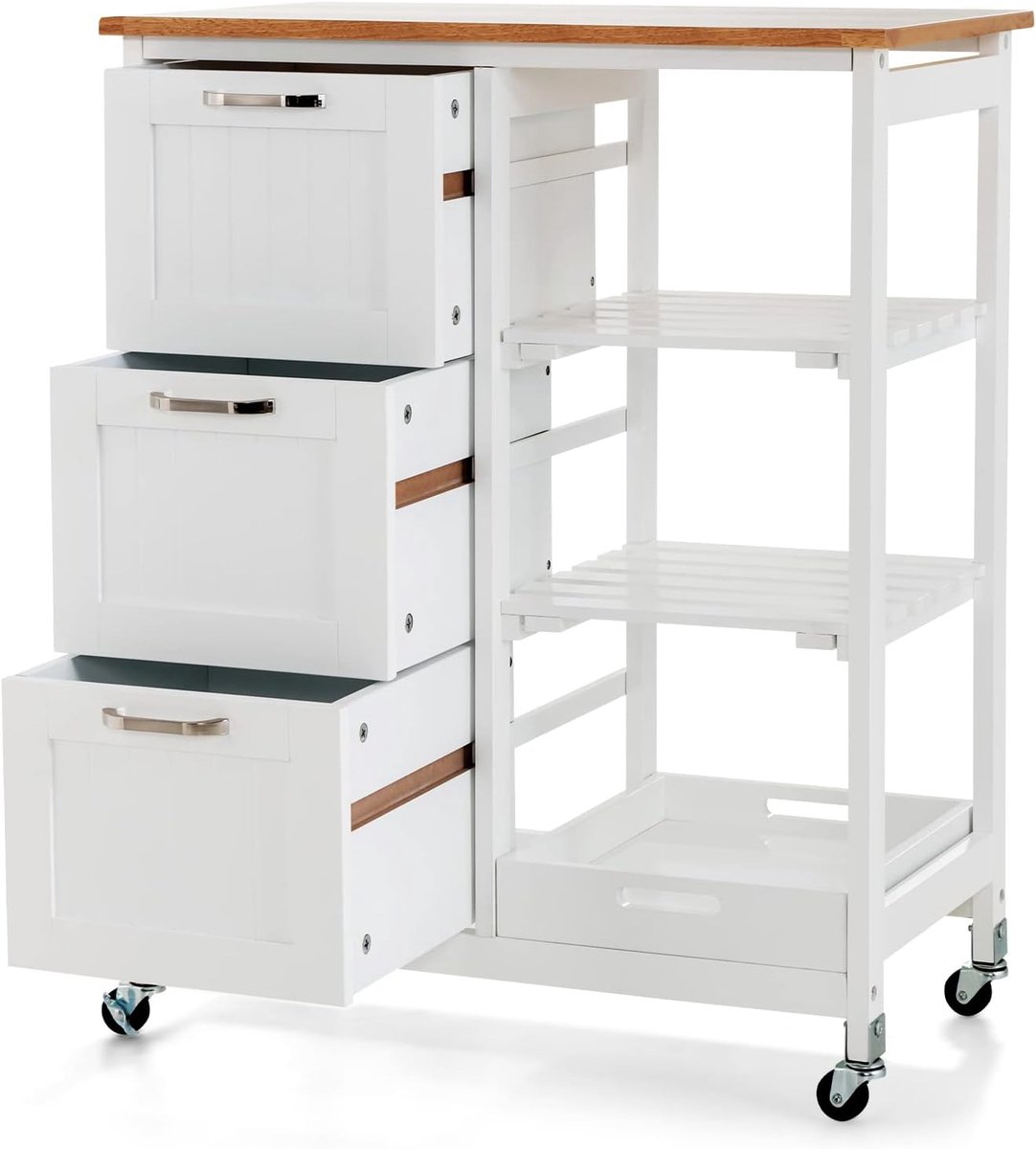 KOMFOTTEU Keukenwagen, vierlaagse keukenkast met werkblad, 3 laden en opbergrek, serveerwagen voor keuken en eetkamer 67 x 37 x 84 cm