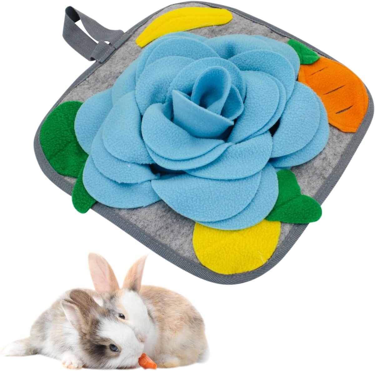 Famanu – Konijn foerageermat – 11,8 inch anti-slip konijnensnuffelmat met hangend touw – kleurrijk konijntje snuffelkussen voor chinchilla’s – vogels – puppy – cavia – snuffeltraining (A)