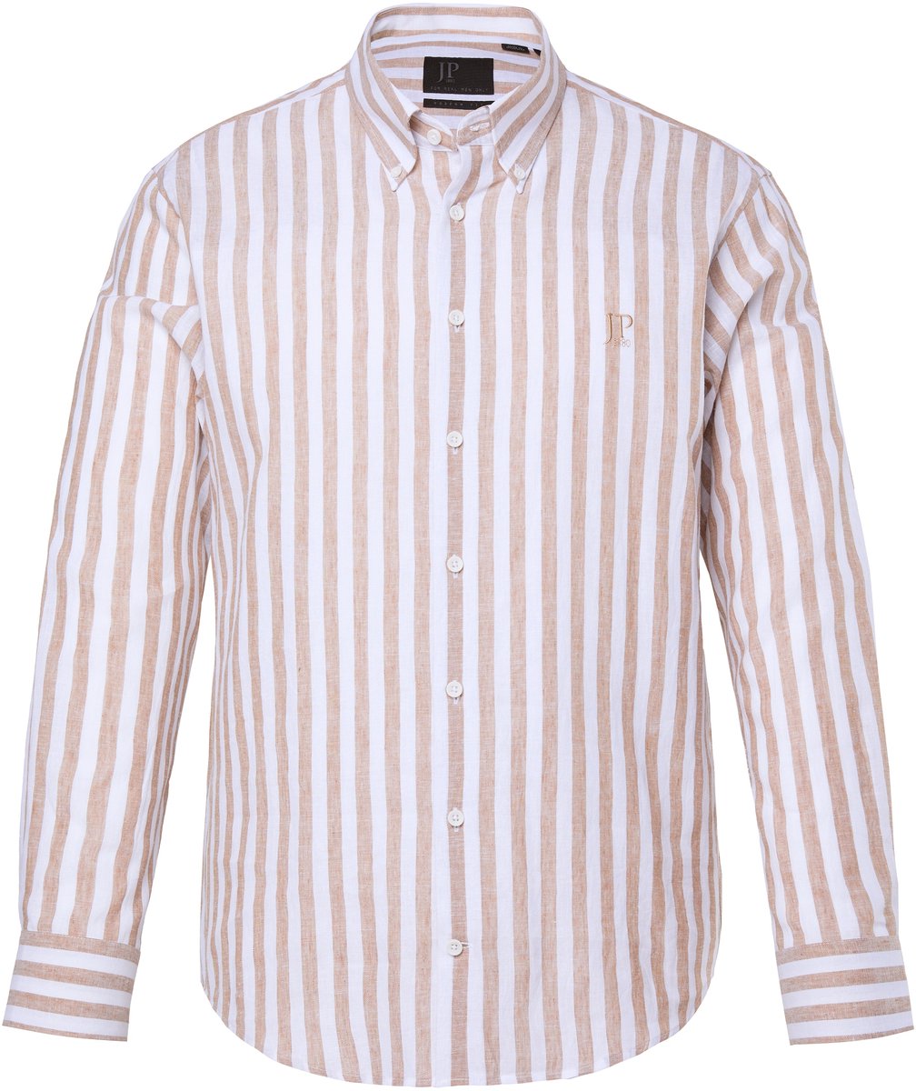 JP 1880 - Heren - Gestreept overhemd lange mouwen linnenmix buttondown kraag - Kameel - Maat 4XL