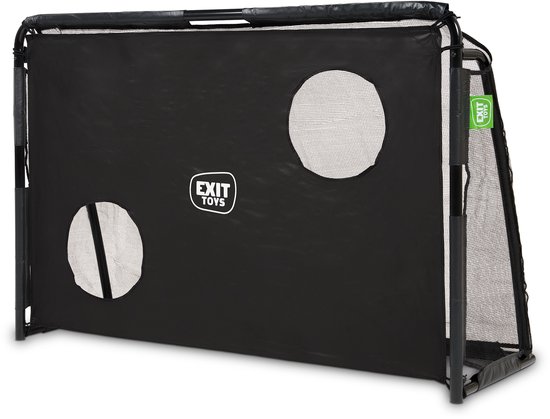 Zwart EXIT Toys voetbaldoel 180x120cm met EXIT Toys logo en twee ronde openingen.