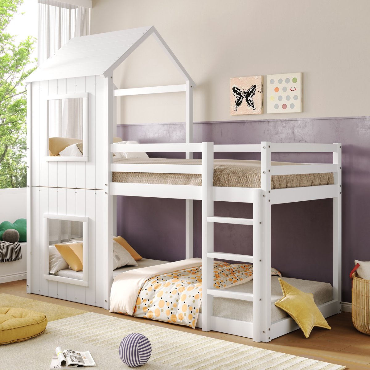 MODFU Kinderbed 90x200 cm – Boomhuisdesign met ladder en veiligheidshekje – Van massief grenen – Wit