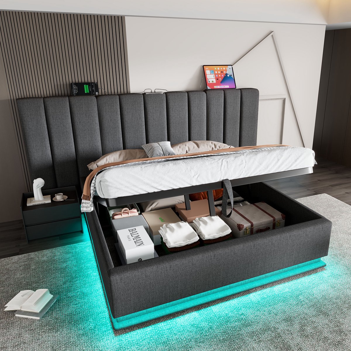 MODFU Bedframe 160x200 cm – Met LED, 3x USB & 1x Type-C (20W snelladen) – Hydraulische opbergruimte – Grijs linnen