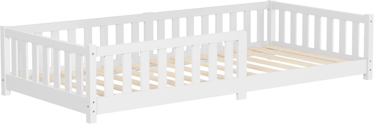 ml-design kinderbed 90x200 cm vloerbed massief grenehouten peuter- en juniorbed met stevige lattenbodem en valbeveiliging wit eenpersoons bedframe voor jongens en meisjes montessori speelbed minimalistisch design