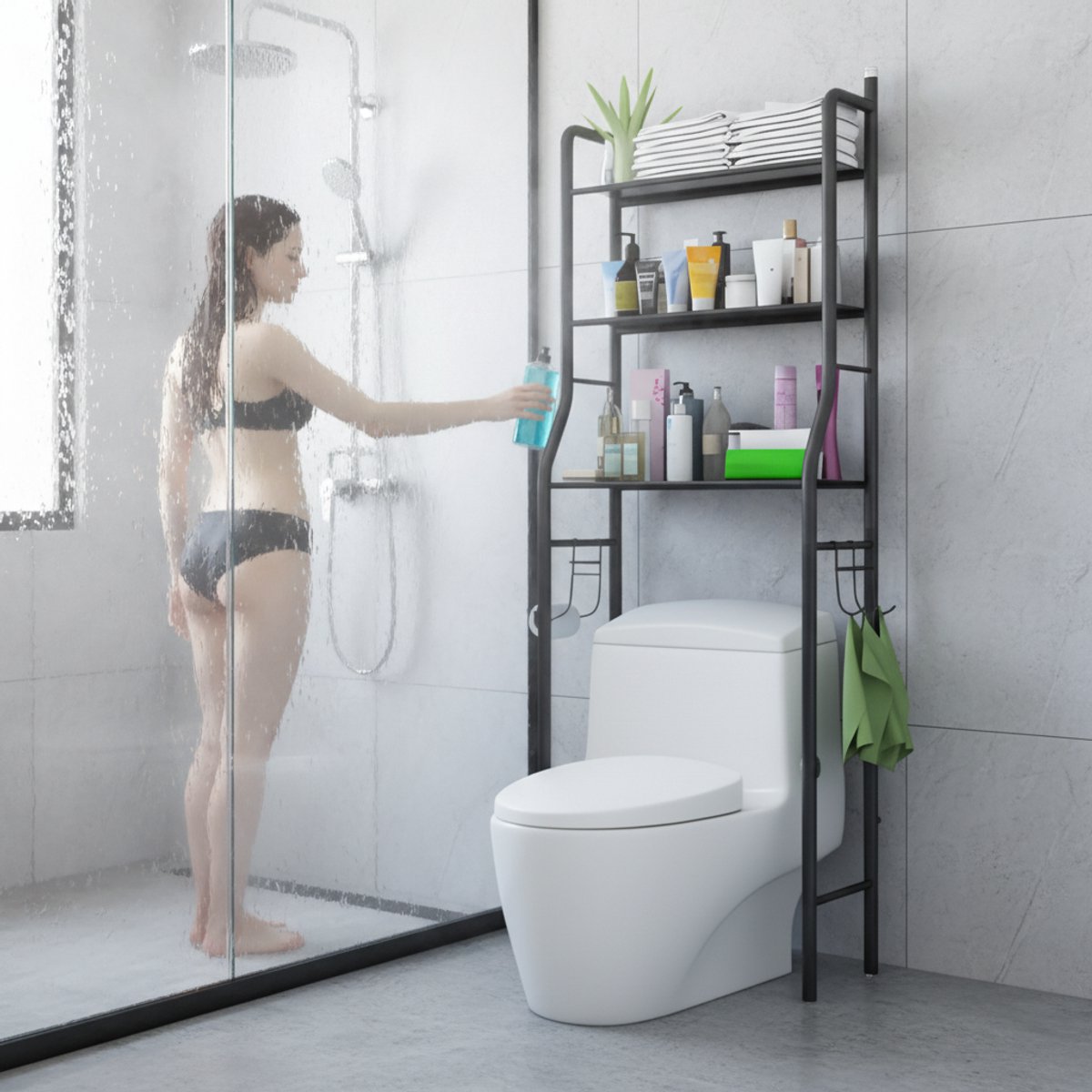 CHIWIN Badkamerrek - WC Rek Met 3 Legplanken En Haken – Metalen Badkamerrek Met Toiletrolhouder – 153×48×26 cm