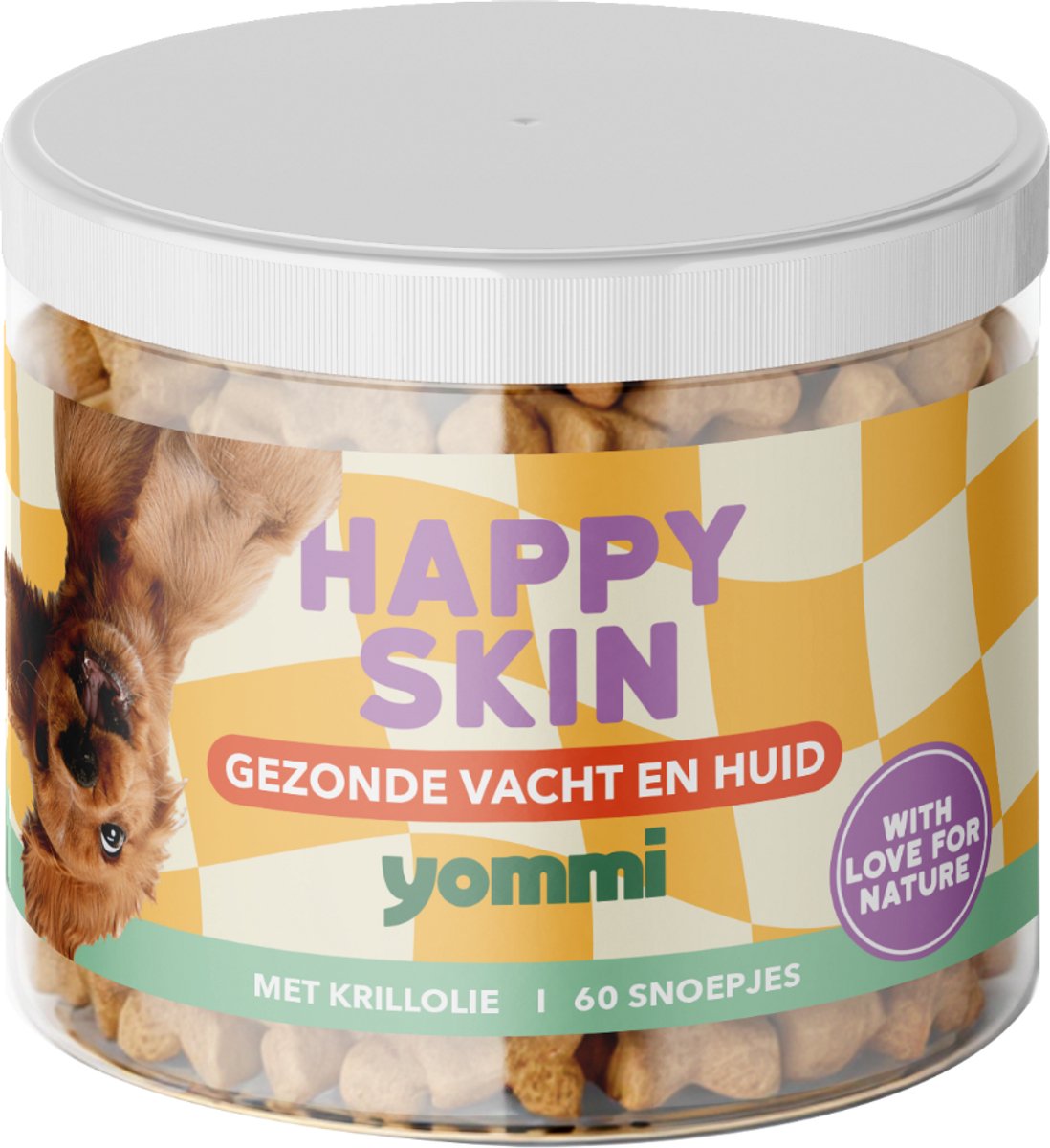 Yommi Happy Skin snack supplement met Krillolie toegevoegd, afkomstig van kleine Antarctische kreeftachtigen, Natuurlijke astaxanthine( krachtige antioxidant) ondersteunt hart en vitaliteit - Huid en Vacht - 60 stuks – Droge Huid en Doffe Vacht