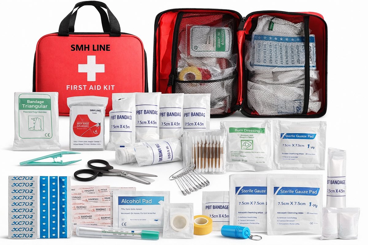 SMH LINE® 186-delig EHBO Kit - Verbanddoos voor thuis, kantoor en in de auto - Verbandtas set - Verbandtas - Verbandtas - Compleet noodpakket - EHBO tas - Verband opbergtas - Care tas - Travel first aid kit - rood
