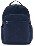 Sac à dos Kipling bleu foncé avec porte-clés singe gris, poche avant zippée et poches latérales.