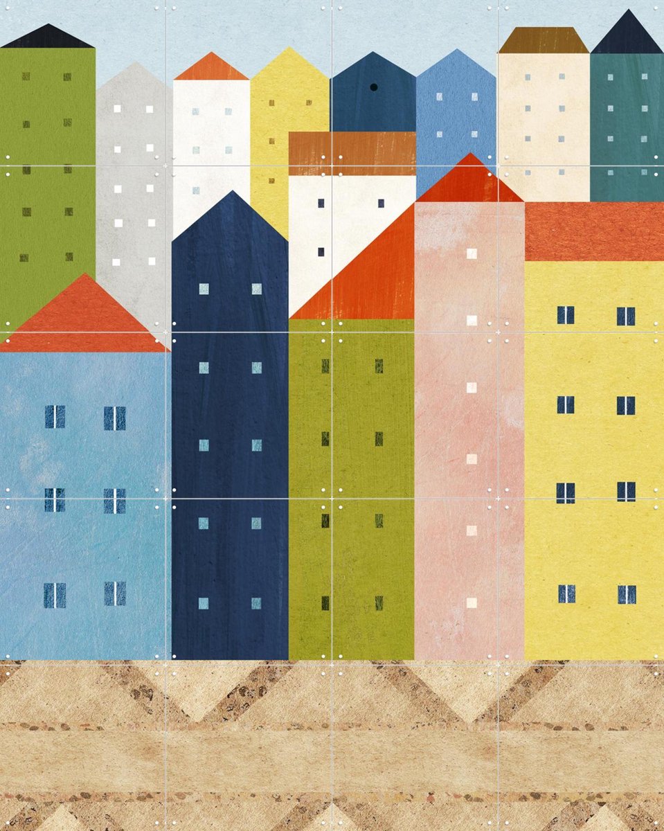 IXXI Colorful Houses - Old Town, Henry Rivers - 80 x 100 cm - Gratis ophangtool - Grote wanddecoratie en posters - Speels, Geometrische Kunst