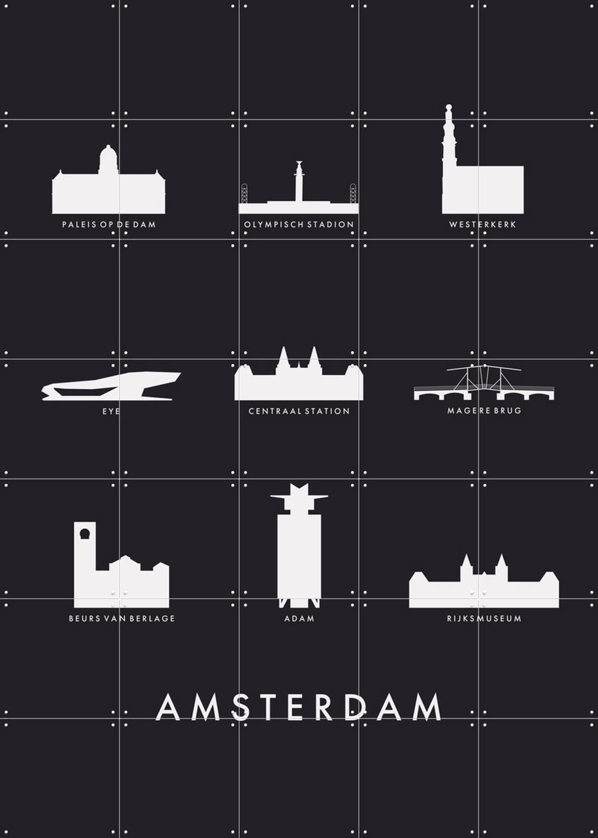IXXI Amsterdam Architecture black, Kunst in Kaart - 100 x 140 cm - Gratis ophangtool - Grote wanddecoratie en posters - Grafisch Ontwerp, Minimalisme