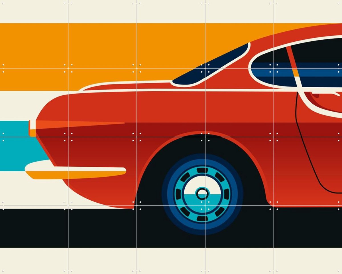 IXXI Red Vintage Sports Car Back, Bo Lundberg - 100 x 80 cm - Gratis ophangtool - Grote wanddecoratie en posters - Kleurrijk, Vintage, Illustraties