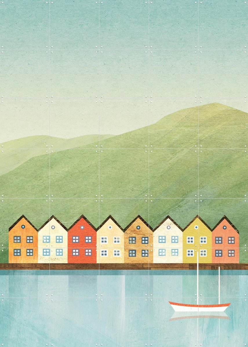 IXXI Colorful Houses - Bergen, Henry Rivers - 100 x 140 cm - Gratis ophangtool - Grote wanddecoratie en posters - Illustraties, Minimalisme