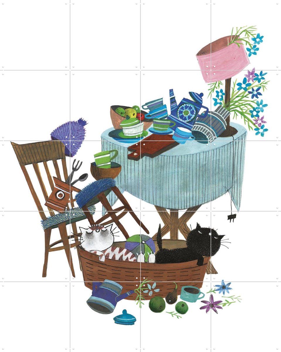 IXXI Pim & Pom onder de tafel, Fiep Westendorp - 80 x 100 cm - Gratis ophangtool - Grote wanddecoratie en posters - Fantasierijk, Kleurrijk