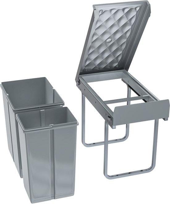 Grijze vuilnisbakken van de uittrekbare afvalbak en het metalen frame met geleiders.