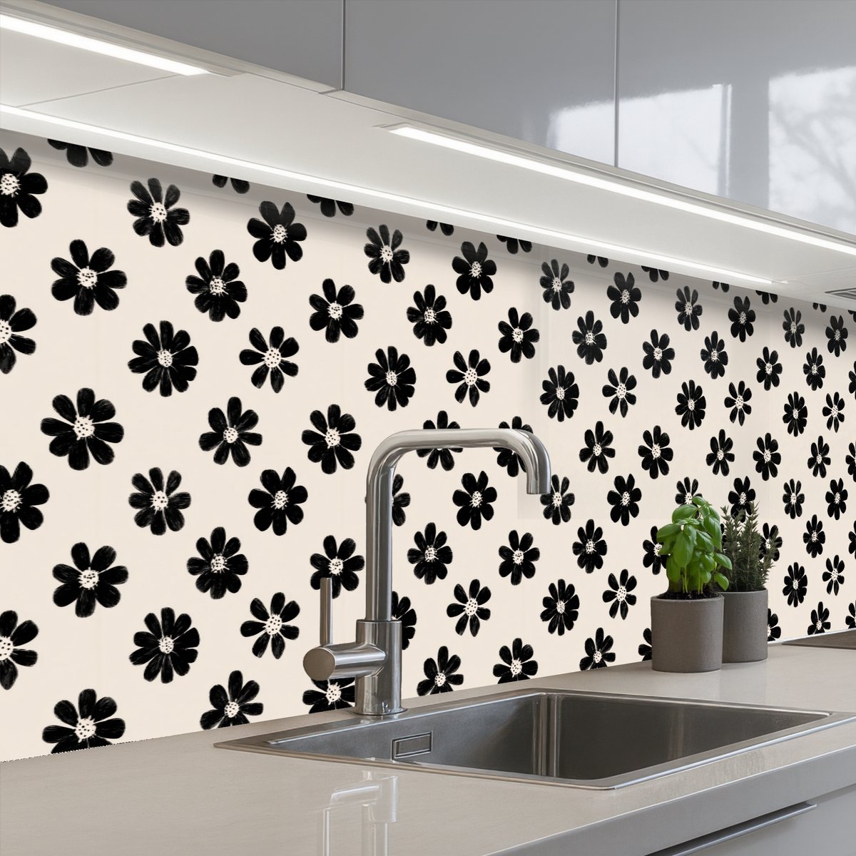 Keuken achterwand 300x80 cm - Spatscherm zelfklevend Grafisch - Madeliefjes - Zwart - Beige - Muurbeschermer - Spatwand fornuis