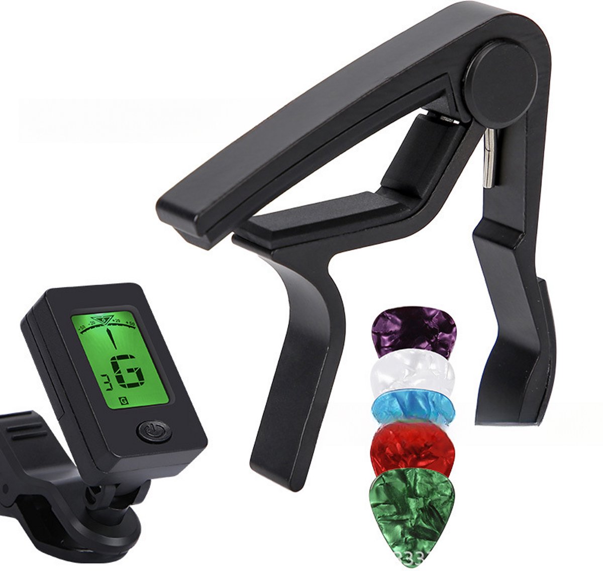 Gitaarcapo met 5 plectrums van 0,75 mm en stemapparaat.